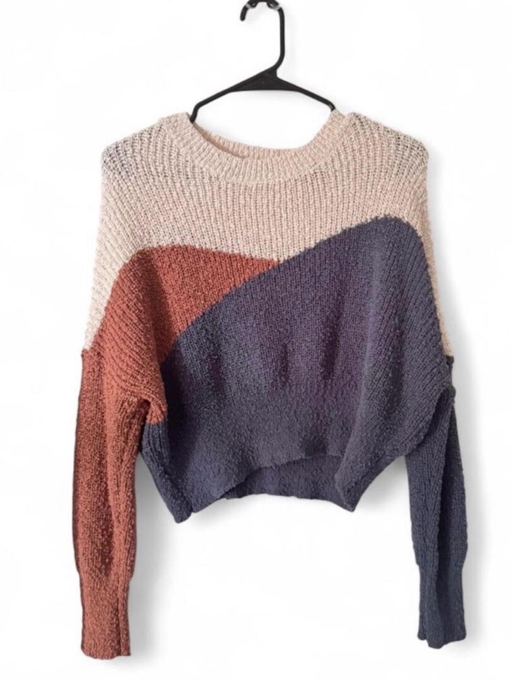 Colorblock Cropped Knit Sweater - Cream, Rust & Navy